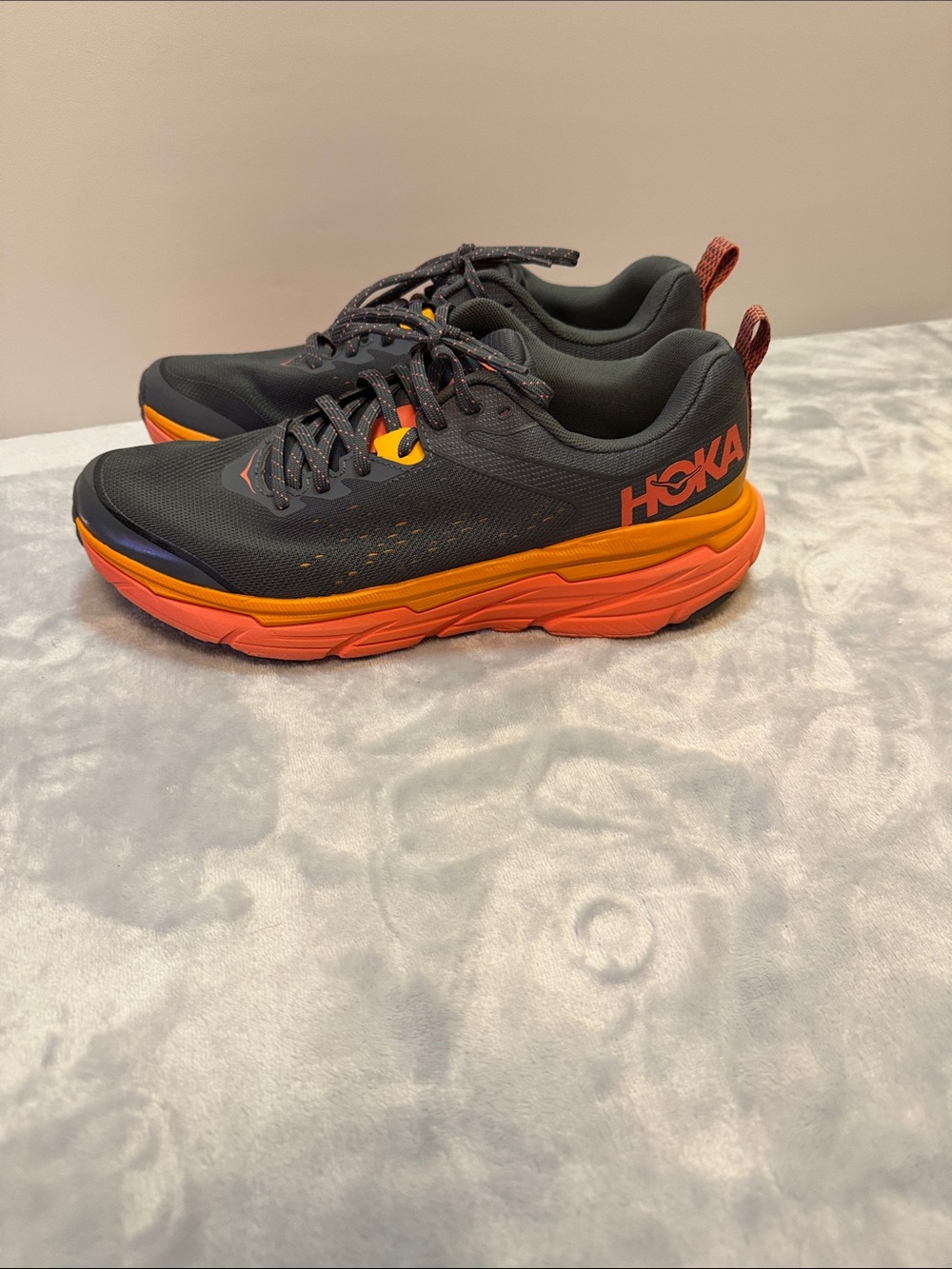 Hoka Dark Gray with Orange & Coral Cushioning Running Shoes